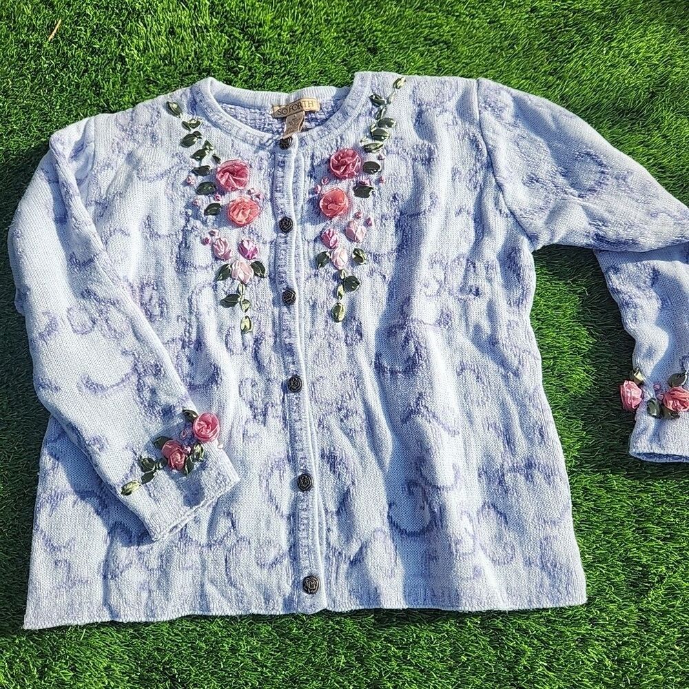 So Forth QVC Acrylic Wool Oatmeal 3D Roses Granny Core Cardigan Sweater Sz Large
